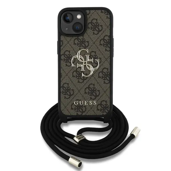 Zadní kryt Guess PU 4G Metal Logo Crossbody Popruh pro Apple iPhone 15, hnědá