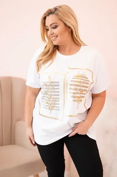 Kesi Włoski Dámska bavlnená blúzka Plus Size s kamienkami biela + ťavia