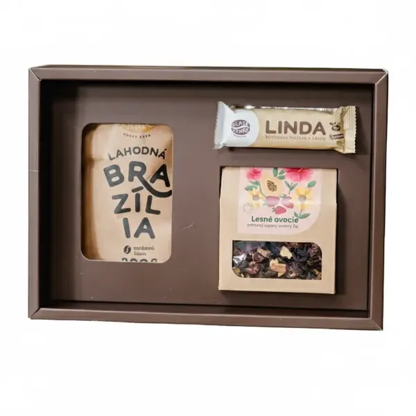 Luxusná darčeková krabička s kávou, sypaným čajom a tyčinkou