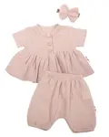 Baby Nellys 3-dílná mušelínová soupr., tunika/halenka, kraťasky, čelenka, béžová vel.  80