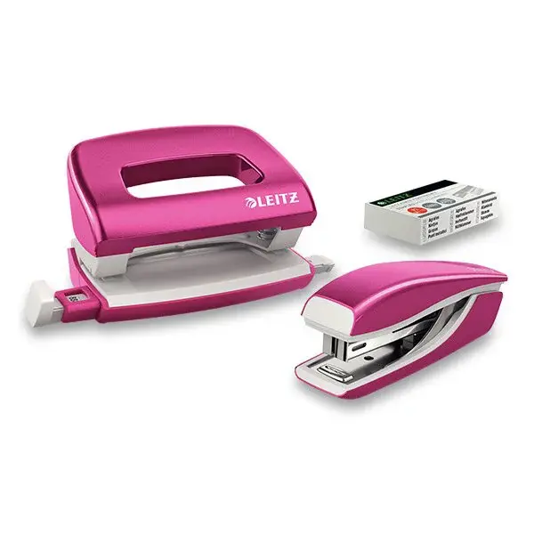 Mini set sešívačky a děrovačky Leitz Wow - růžový
