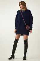 Happiness İstanbul Navy Blue Oversize Long Basic Knitwear Sweater