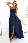 589-2 Long dress with subtle shimmer and corset back tie - navy blue with glitter