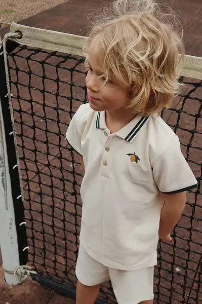 Dětská bavlněná polokošile Konges Sløjd FLORIAN POLO SHIRT GOTS béžová barva, s aplikací, KS102412