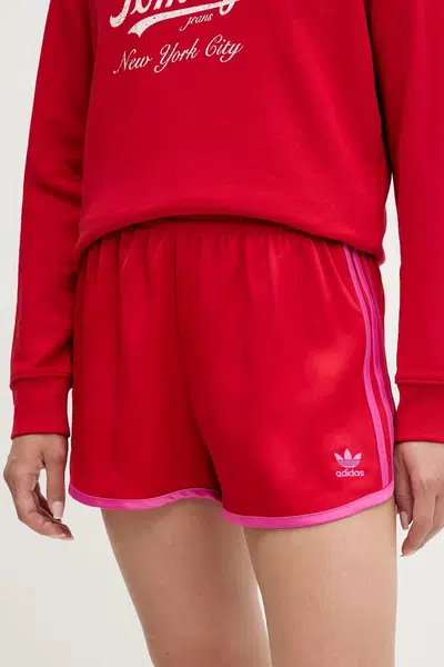 Kraťasy adidas Originals 3-Stripes dámské, červená barva, s aplikací, high waist, JZ3513