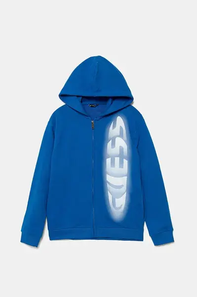 Dětská bavlněná mikina Guess modrá barva, s kapucí, s potiskem, L5YQ01 KAD74