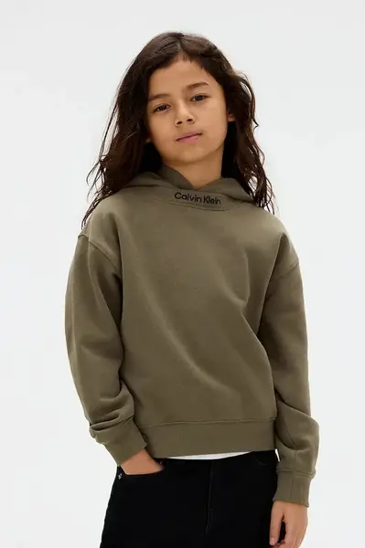Dětská bavlněná mikina Calvin Klein Jeans zelená barva, s kapucí, hladká, IB0IB02525
