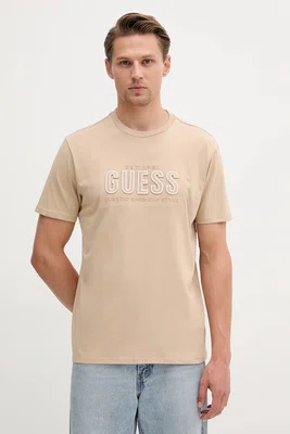 Bavlněné tričko Guess pánské, béžová barva, s potiskem, M5YI44 KBW41