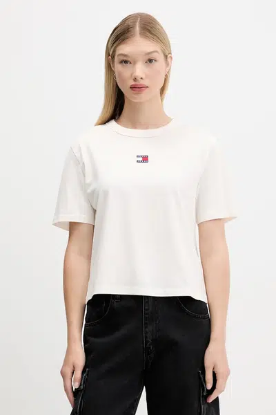 Bavlněné tričko Tommy Jeans dámské, béžová barva, DW0DW22202
