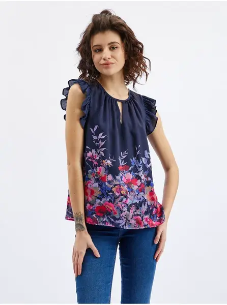 Orsay Tmavě modrá dámská květovaná halenka s volánem - Dámské