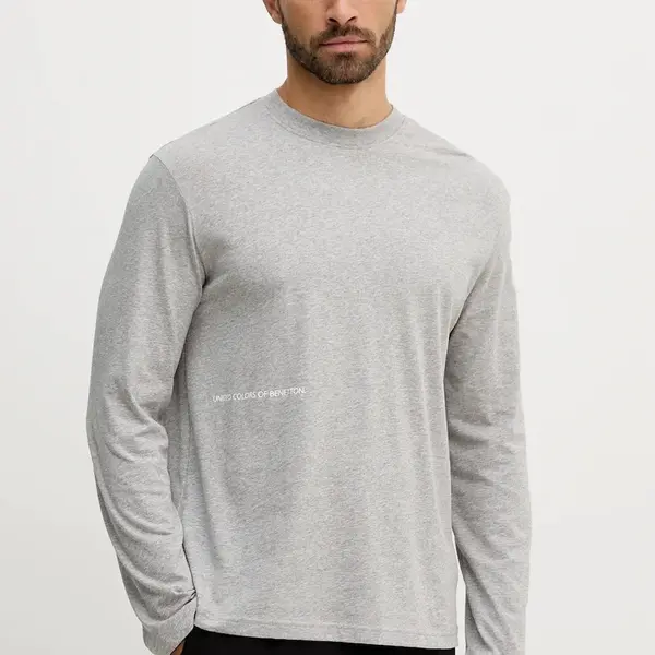 Bavlněné pyžamové tričko s dlouhým rukávem United Colors of Benetton pánské, šedá barva, s potiskem, 30964M021