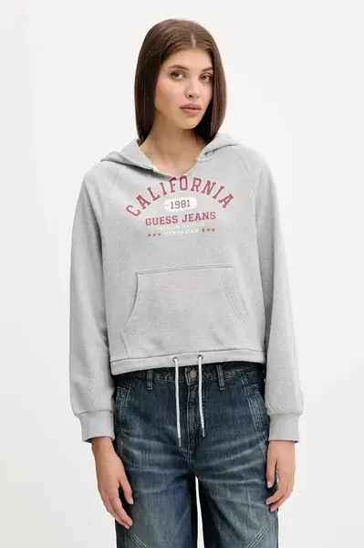 Bavlněná mikina Guess Jeans dámská, šedá barva, s kapucí, s potiskem, W5YQ14 KCPR1
