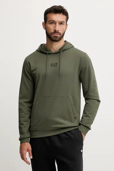 Bavlněná mikina EA7 Emporio Armani pánská, zelená barva, s kapucí, hladká, PJVRZ.8NPM32