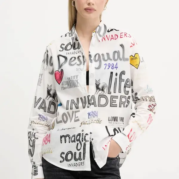 Bavlněná košile Desigual SOUL dámská, šedá barva, relaxed, s klasickým límcem, 25WWCW10