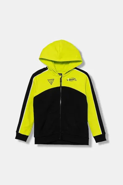 Dětská bavlněná mikina Guess černá barva, s kapucí, vzorovaná, N5YQ02 KA6R4