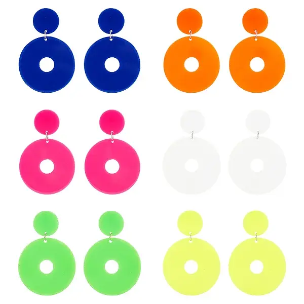 6 Pairs 6 Colors Acrylic Donut Dangle Stud Earrings with Steel Iron Pins for Women