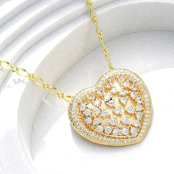 Brass Pave Clear Cubic Zirconia Heart Pendant Necklaces for Women