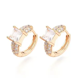 Brass Micro Pave Clear Cubic Zirconia Square Hoop Earrings