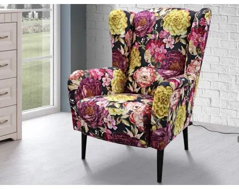 Kreslo ušiak Canto, látka s motívom farebných kvetov%