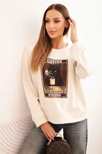 Kesi Włoski Dámská bavlněná mikina s potiskem kočky a nápisem světlá béžová