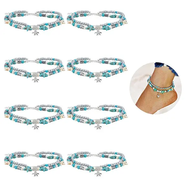 4Pcs Alloy Tortoise Charm Double Layer Multi-strand Anklet