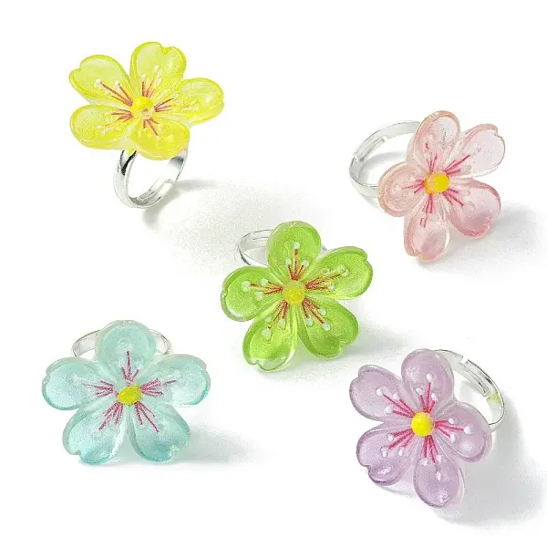 5Pcs 5 Colors Luminous Glow in the Dark Flower Resin Finger Rings Set