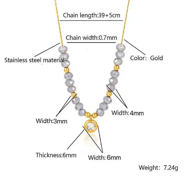 Stainless Steel Crystal Rhinestone Flat Round Pendant Glass Beaded Necklaces for Women