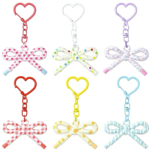 12Pcs 6 Styles Bowknot Opaque Printed Acrylic Pendant Keychains