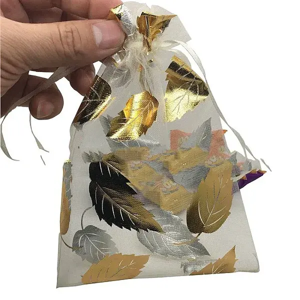 Gold Stamping Leaf Organza Printed Gift Bags with Drawstring
