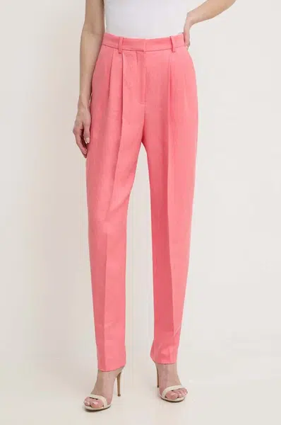 Plátěné kalhoty BOSS fialová barva, jednoduché, high waist, 50512869