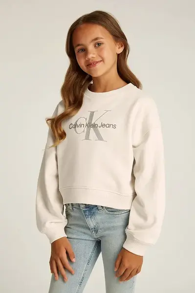 Dětská bavlněná mikina Calvin Klein Jeans béžová barva, s potiskem, IG0IG02823