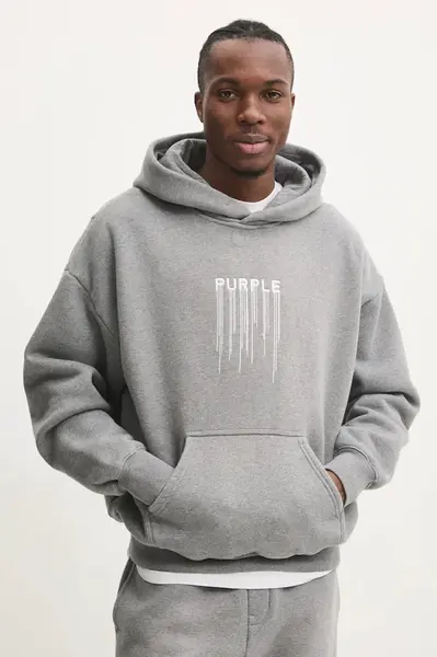 Bavlněná mikina PURPLE BRAND HWT FLEECE PO HOODY pánská, šedá barva, s kapucí, s potiskem, P401-HMHT125