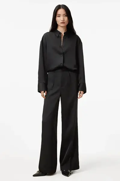 Kalhoty AllSaints MYRTLE dámské, černá barva, široké, medium waist, W031TB