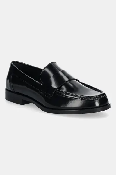 Kožené mokasíny Calvin Klein MOC LOAFER - BRUSH L dámské, černá barva, na plochém podpatku, HW0HW02306