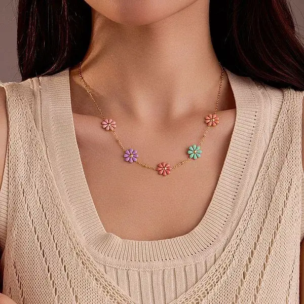 304 Stainless Seel Enamel Daisy Flower Link Chain Necklaces for Women