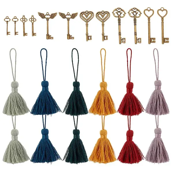 24Pcs 12 Colors Polycotton Tassel Pendants Hanging with Tibetan style Alloy Pendant