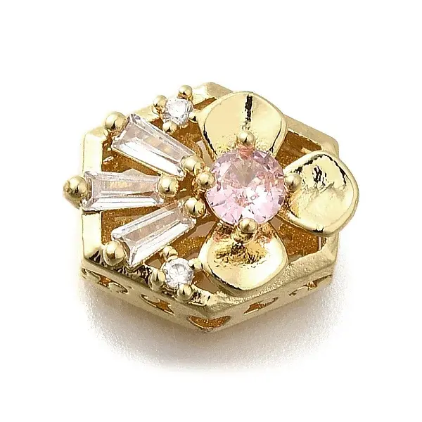 Brass Clear & Pink Cubic Zirconia Hexagon with Flower Multi-Strand Links