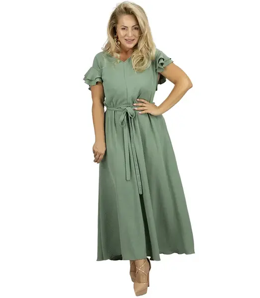 Pri Long dress tied at the waist with short sleeves with frill CELINA