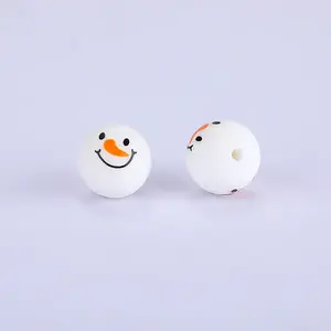 Christmas Printed Round with Snowman Pattern Silicone Focal Beads