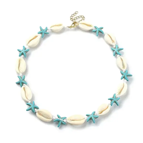 Natural Shell & Synthetic Turquoise Starfish Beaded Necklace with 304 Stainless Steel Clasps