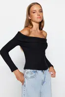 Trendyol Black Knitwear Look Carmen Collar Fitted Crop Knitted Madonna Collar Blouse