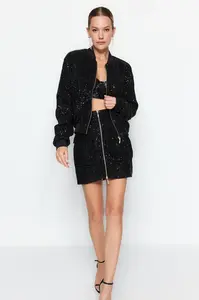 Trendyol černá pletená třpytivá flitrová bomber bunda