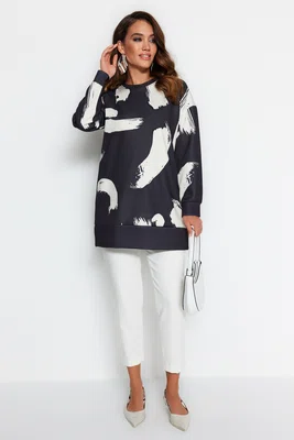Trendyol Black Patterned Crewneck Scuba Knitted Sweatshirt