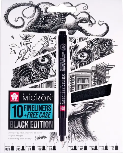 Sada Sakura Pigma Micron Black - technické fixy (10 linerů + pouzdro)