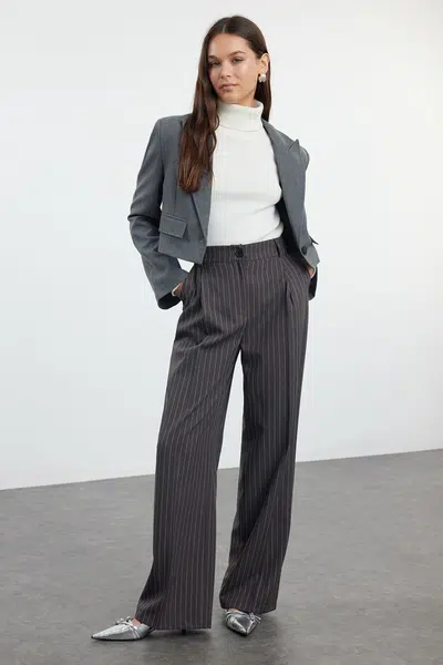 Trendyol Anthracite Striped Regular Waist Wide Leg/Wide Leg Woven Fabric Trousers