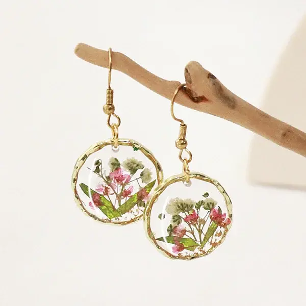 Alloy Epoxy Dried Flower Dangle Earrings