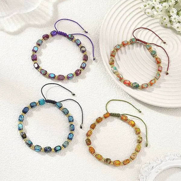 Adjustable Dyed Natural Imperial Jasper Cuboid Braided Bead Bracelets
