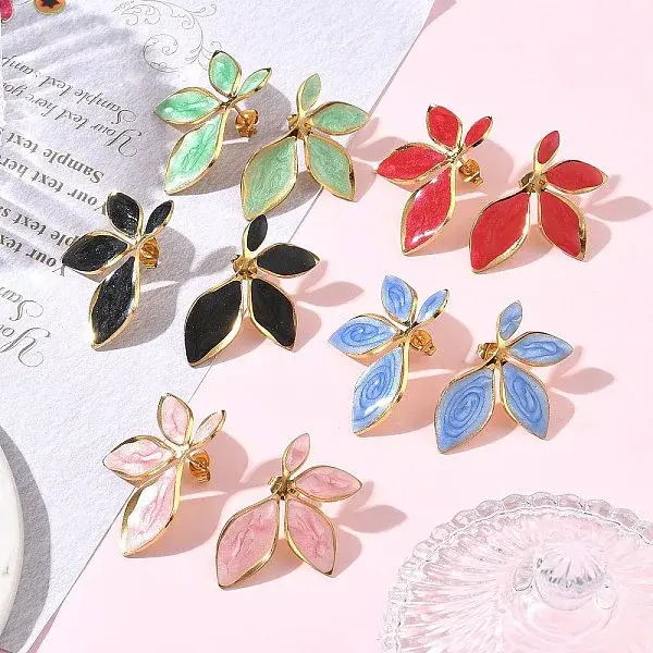 Leaf 304 Stainless Steel Enamel Stud Earrings