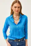 Olalook Women's Leopard Blue Jacquard Satin Detailed Woven Shirt