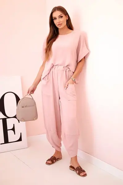 Kesi Włoski Komplet z viskózy halenka + kalhoty pudrově růžová